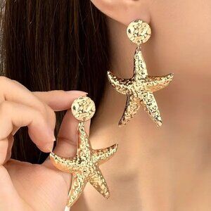 Earrings Starfish Bold Beach Dangle Gold Charm Ocean Vacation Sea Boho Statement